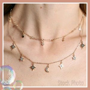 Delicate Crystal Moon and Stars Layered Necklace